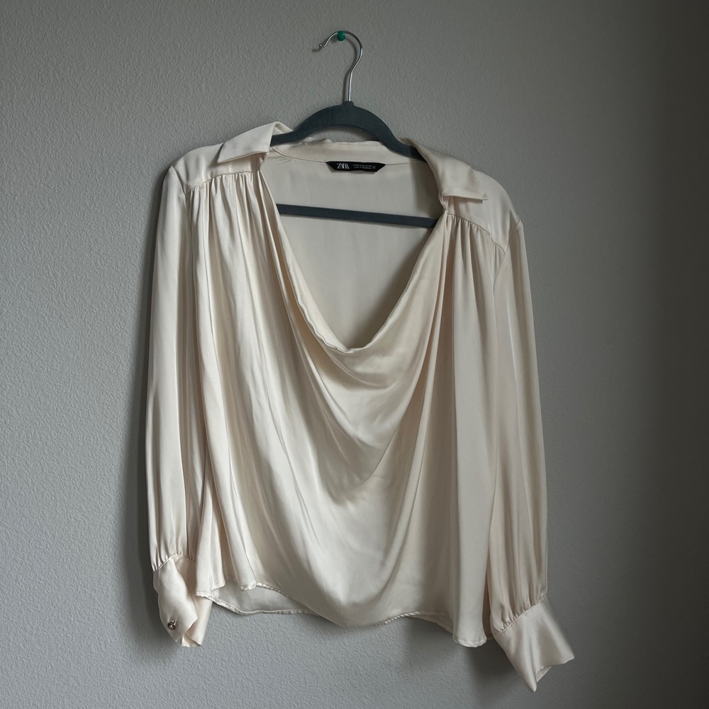 Zara Silk Long Sleeve Ivory Cowl Neck Blouse Medium